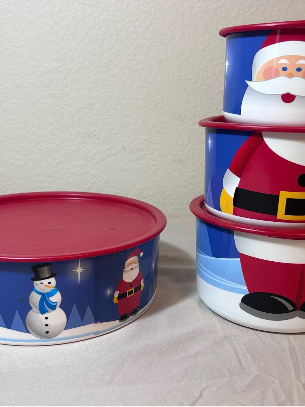 Tupperware Holiday Santa & Snowman Storage Tins with Red Lids